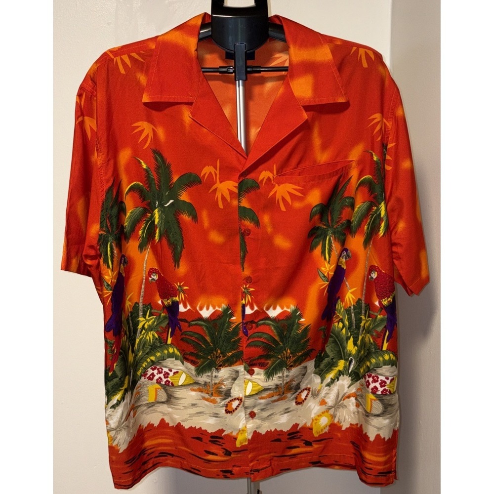Pacific & Co Hawaiian Shirt Mens Large Orange Tropical Parrots palm trees